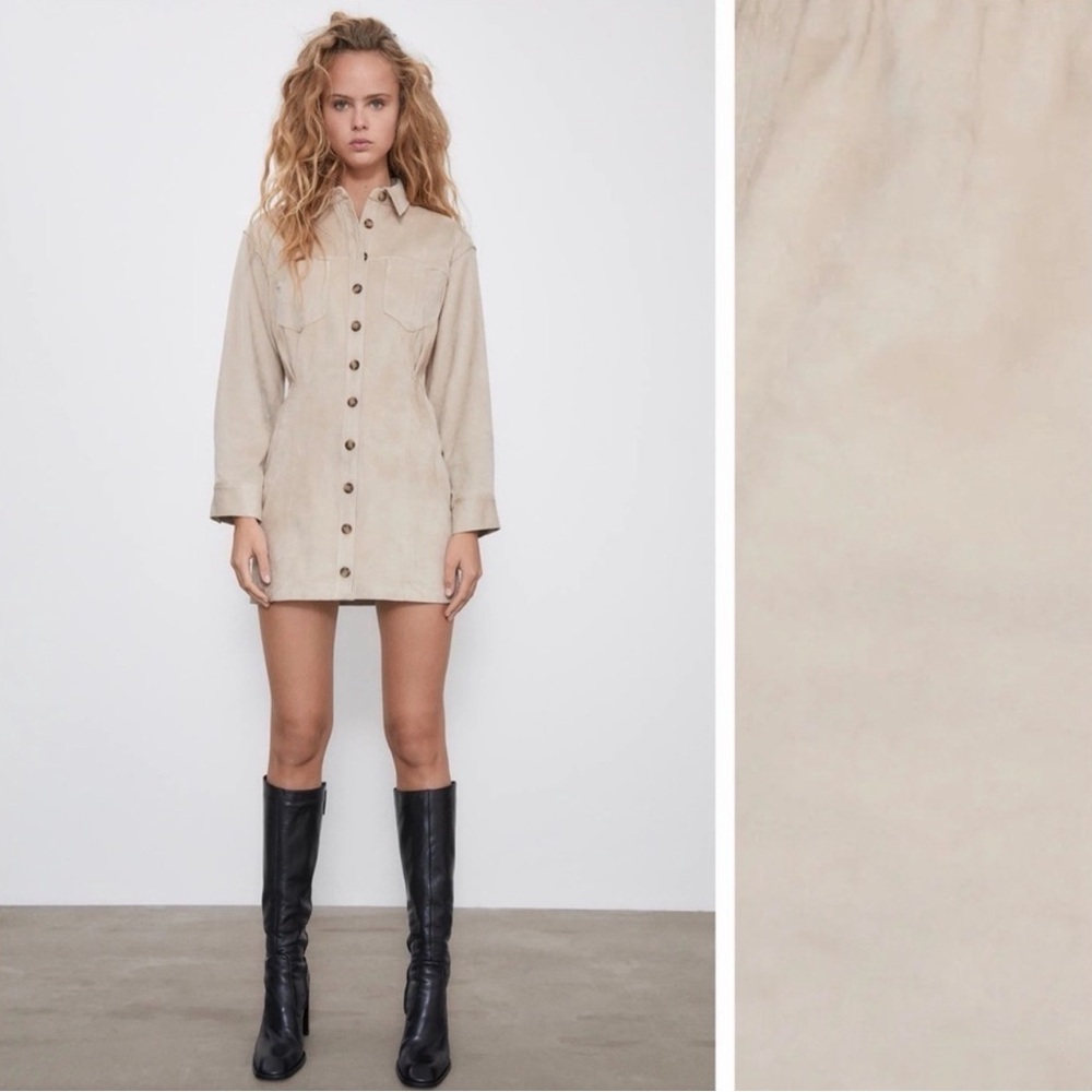 Zara Women's XS Beige Button-Up mini suede dress